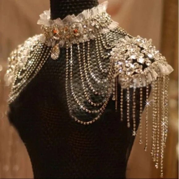 Rhinestone/Tulle Frills Bridal Shoulder Tassel, Glam Coverup for Strapless Dress - Picture 3 of 10